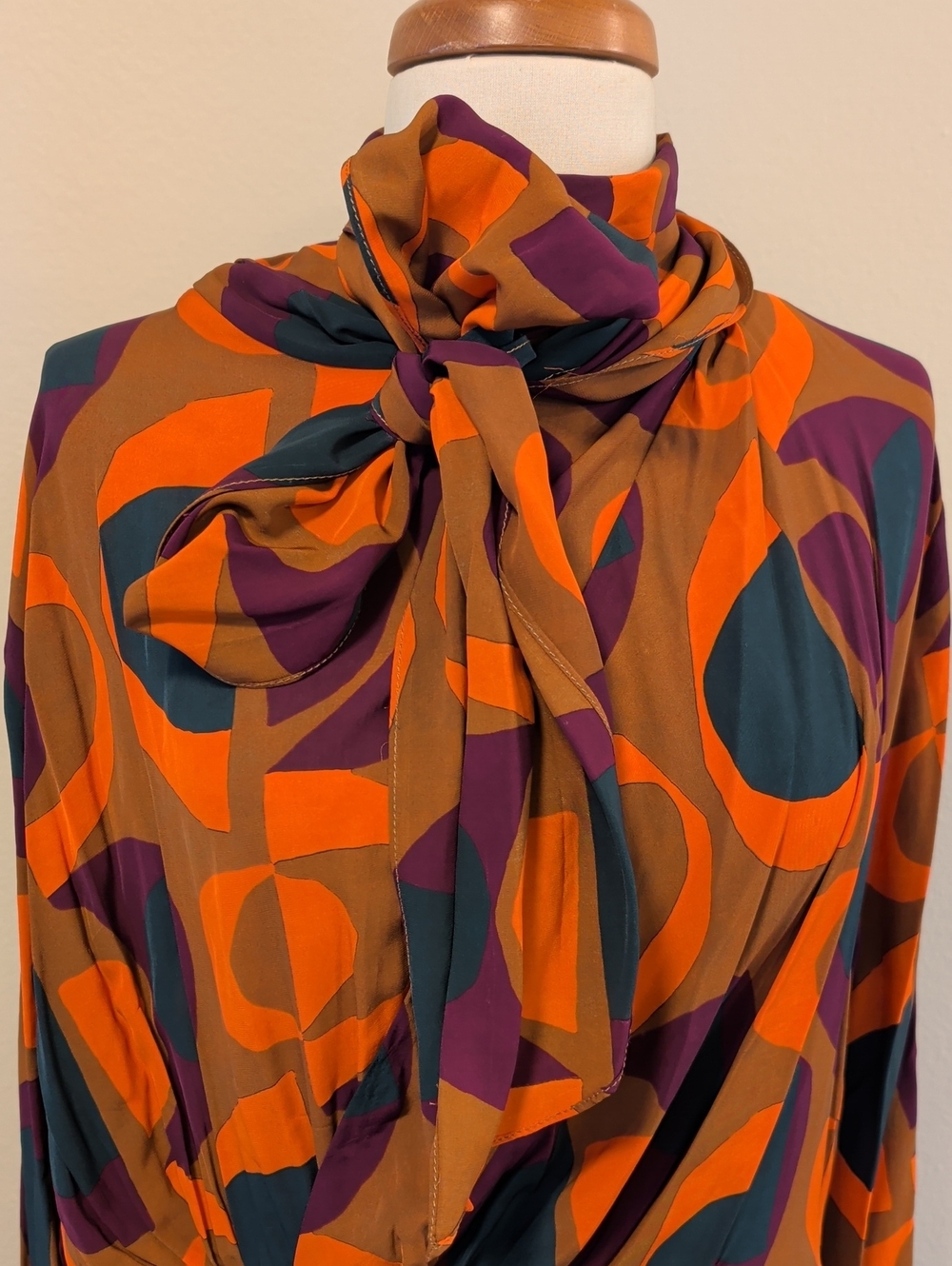 Zara Orange, Purple & Brown Geometric Tie-Neck Long Dress